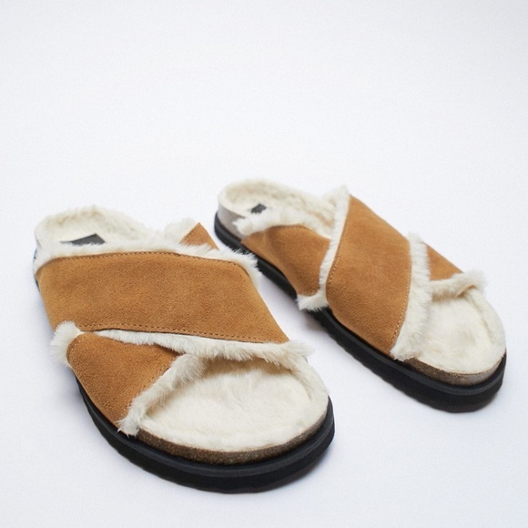 🌹NWT. Zara Natural Faux Fur Flat leather Sandals. Size 7,5. - Picture 2 of 7
